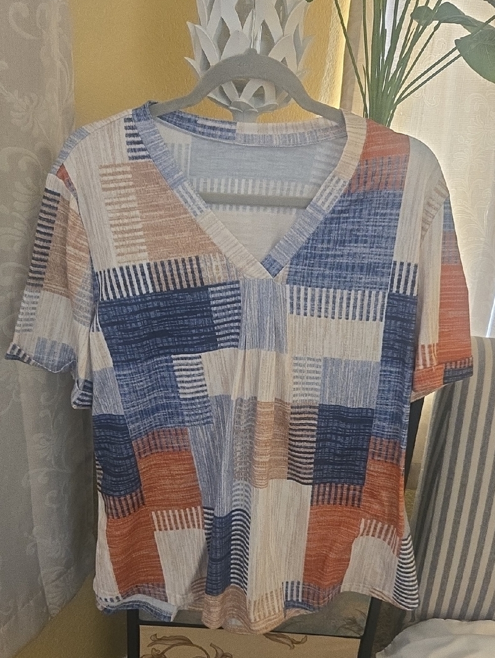 Women’s V-Neck Patchwork Print Top in Blue and Rust